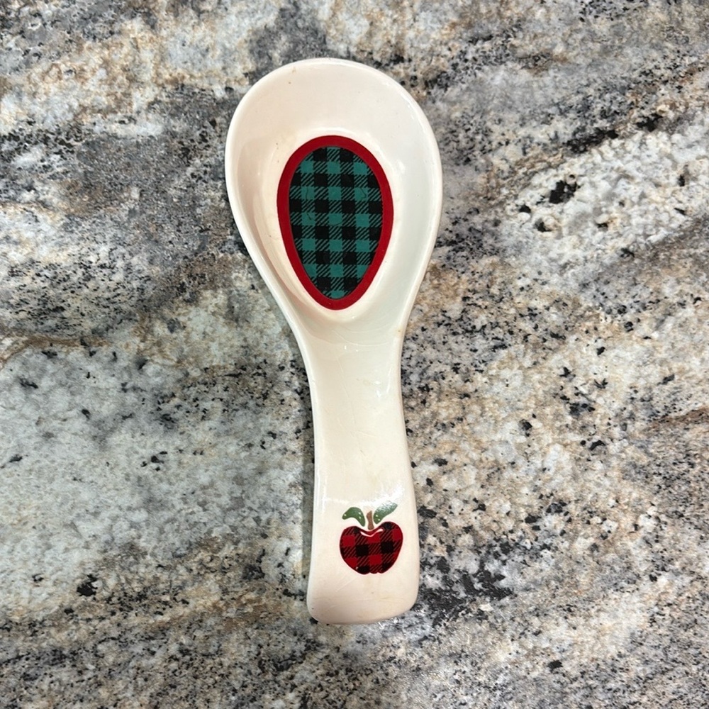 Vintage 80's Plaid Apple Jack Ceramic Spoon Rest - Cream with Red and Green